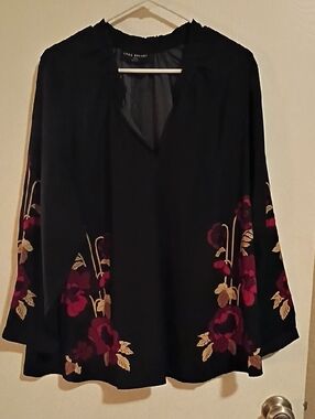 Lane Bryant Black Floral V-Neck Tunic with Burgundy & Gold Accents